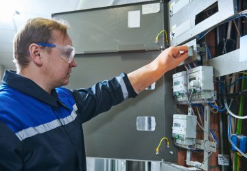 Commercial electrician finalising work on a commercial building switchboard